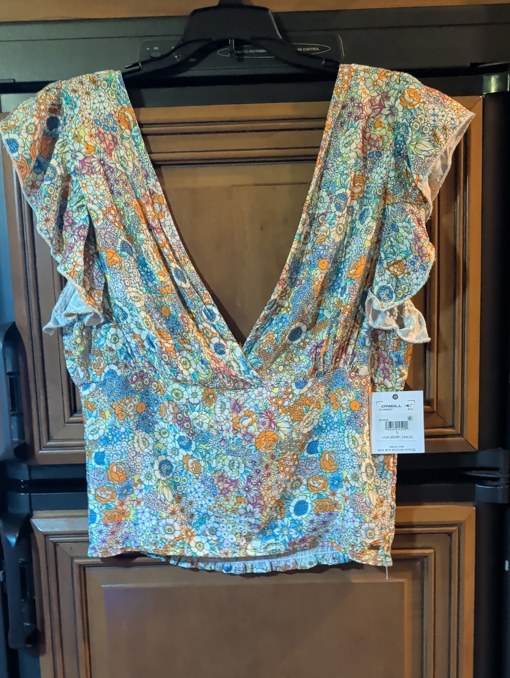 O'Neill Floral V-Neck Ruffle Sleeve Blouse - Blue, Orange, White